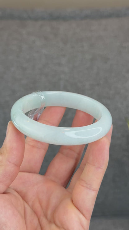 Natural Light Green Semi Translucent Jadeite Jade Bangle Leaf Style Size 58.5 mm