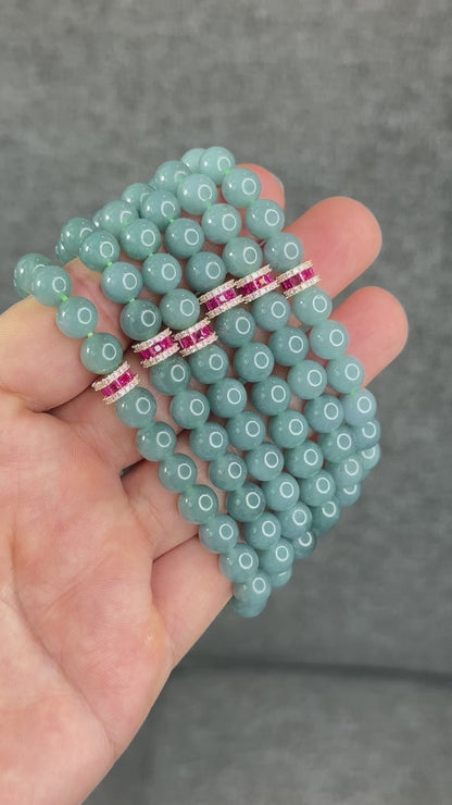 Natural Semi-Translucent Light Water Green Jadeite Jade Bracelet Size 8 mm