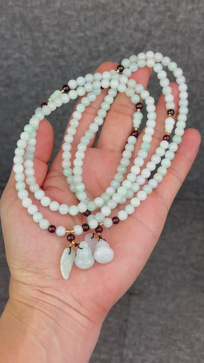 Natural Ivory Light Green Ho Lo Pendant Type A Jadeite Jade Triple Wrap Bracelet Size 6 mm