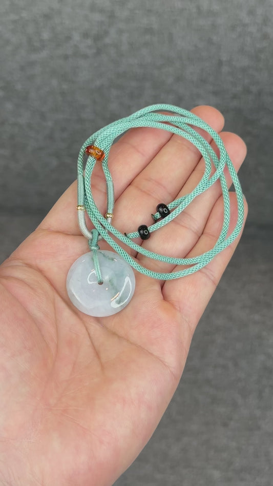 Semi-Translucent Floating Moss Floral Green Jadeite Jade Donut Necklace