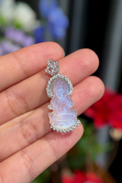Natural Moonstone Quan The Am - Quan Yin Buddha Pendant in Silver White Gold Plated Setting