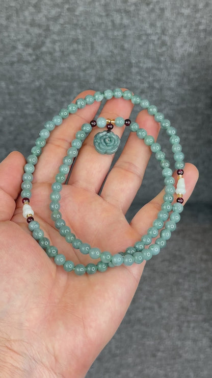 Natural Water Green Jadeite Jade Necklace mixed with Garnet and Flower Jadeite Jade Beads Size 6 mm