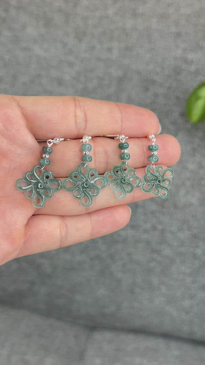 Natural Water Green Jadeite Jade Flower Earrings