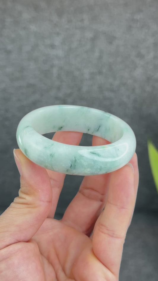 Natural Floral Green Jadeite Jade Bangle Leaf Style Size 51 mm