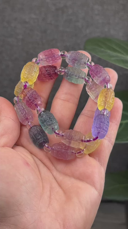Natural Fluorite Barrel Carved Bracelet Size 10.8 mm