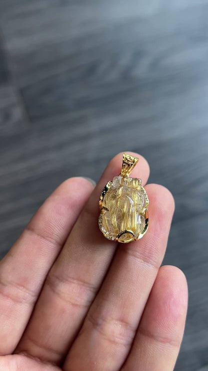 Pixiu Golden Rutilated Quartz Pendant in Yellow Gold Setting