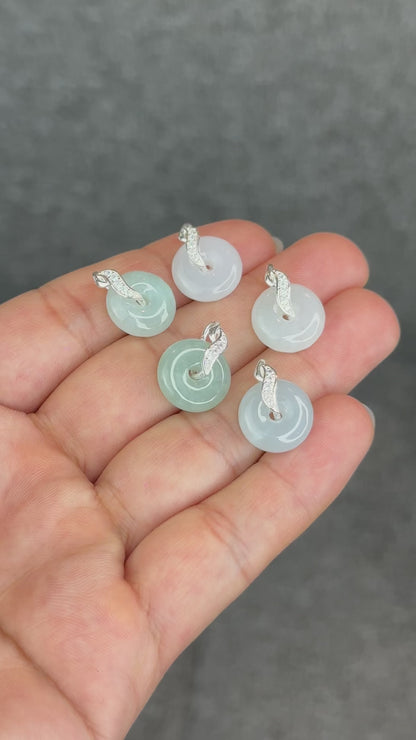 Natural Ivory Light Green Jadeite Type A Jade Donut Charm with Silver Setting Size 13 mm by 4 mm