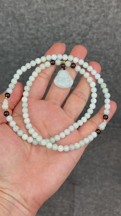Natural Ivory Light Green Buddha Pendant Type A Jadeite Jade Triple Wrap Bracelet Size 6 mm