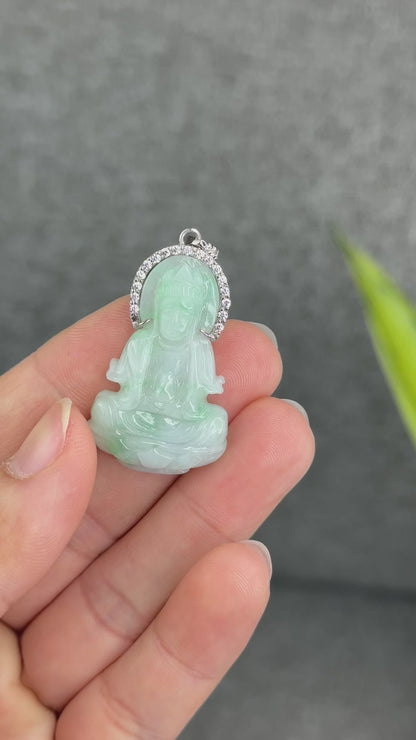 Natural Jadeite Jade Quan Yin Buddha Pendant with 10k White Gold Setting