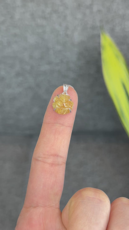 Natural Golden Rutilated Quartz Ho Ly Pendant In Silver with White Gold Platting Setting
