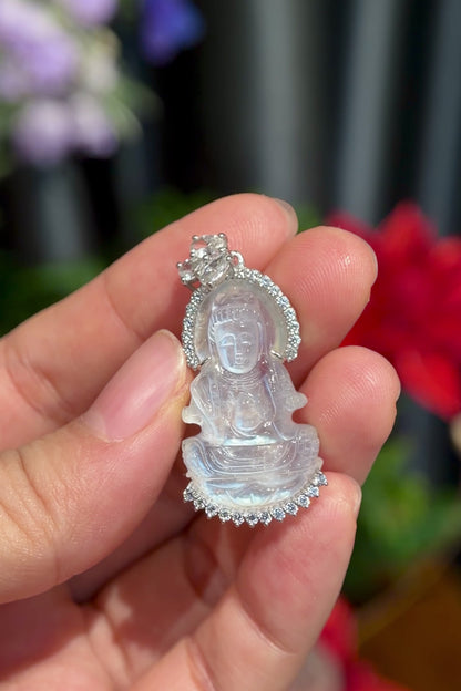 Natural Moonstone Quan The Am - Quan Yin Buddha Pendant in Silver White Gold Plated Setting