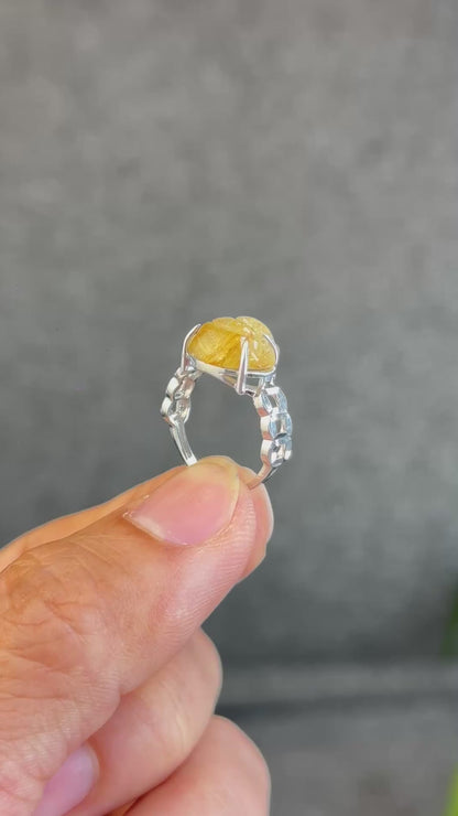 Natural Golden Rutilated Quartz Ho Ly Ring in Silver White Gold Plated Setting Size 1.6