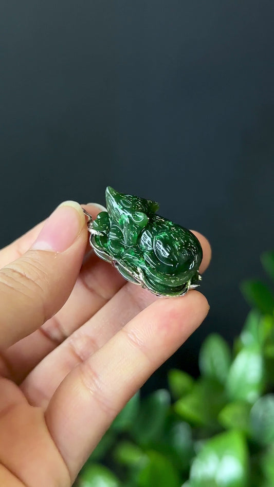 Zodiac Rat Natural Nephrite Jade Pendant in 10k White Gold Setting