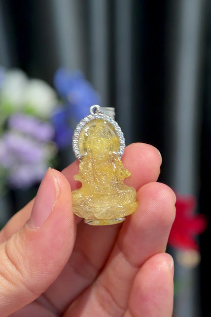 Natural Golden Rutilated Quartz Quan The Am - Quan Yin Buddha Pendant in Silver White Gold Plated Setting