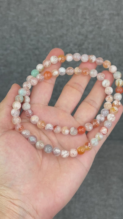 Natural Floral Agate Triple Wrap Bracelet Size 8 mm