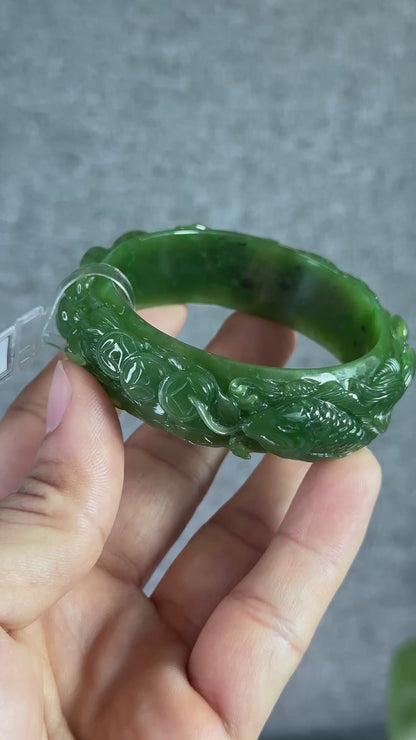 Lotus Fish Feng Shui Carved Natural Nephrite Jade VIP Banlge Size 52 mm