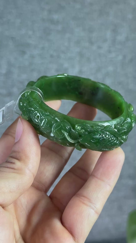 Lotus Fish Feng Shui Carved Natural Nephrite Jade VIP Banlge Size 52 mm