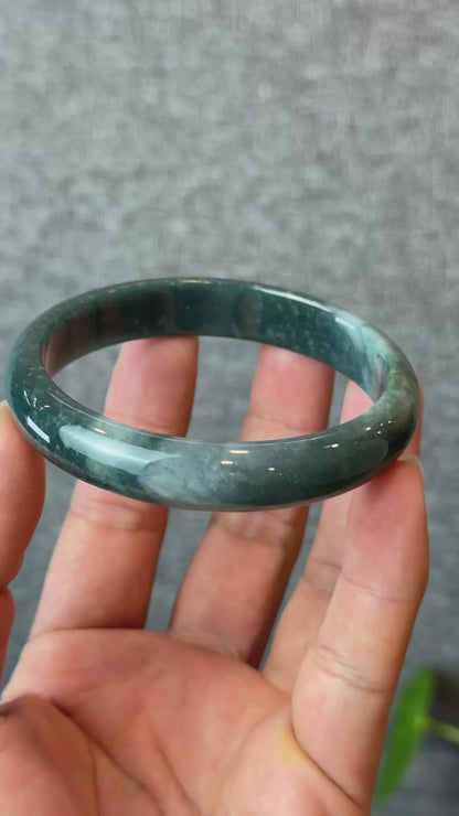 Natural Dark Blue Water Jadeite Jade Bangle Leaf Style Size 60 mm