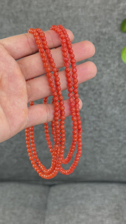 Coral Red Natural Nan Hong Agate Triple Wrap Bracelet Size 5 mm
