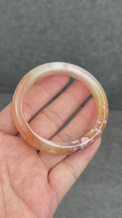 Natural Translucent Floral Agate Bangle Leaf Style Size 55 mm