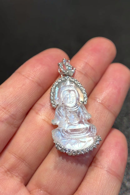Natural Moonstone Quan The Am - Quan Yin Buddha Pendant in Silver White Gold Plated Setting