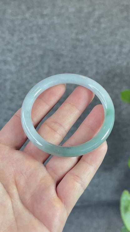 Moss Green Ivory White Natural Jadeite Jade Bangle Chopstick Style Size 55 mm
