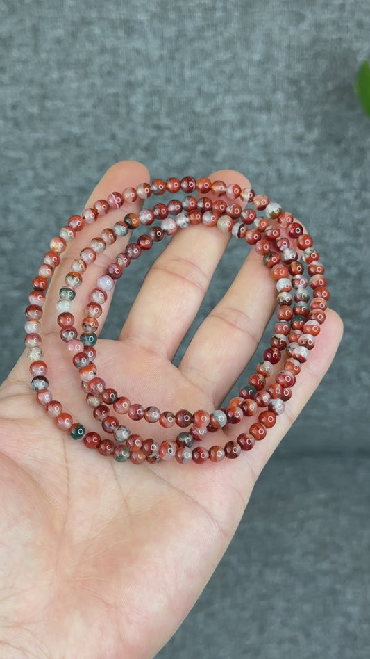 Natural Half Bowl Mixed Moss Green Nan Hong Agate VIP Triple Wrap Bracelet Size 5 mm