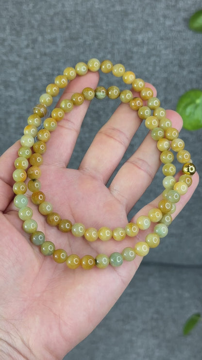Natural Orange mixed Light Green Jadeite Jade Triple Wrap VIP Bracelet Size 7.8 mm
