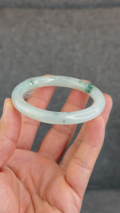 Natural Floating Floral Moss Green Semi Translucent Jadeite Jade VIP Bangle Chopstick Style Size 53 mm