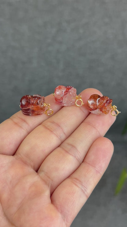 Natural Fire Quartz Pixiu Charm with Silver Gold Plated Clip