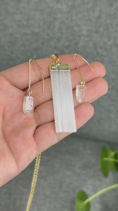 Natural Clear Quartz Point Dangling Earrings with Selenite Rectangle Pendant with Chain Gold Platted