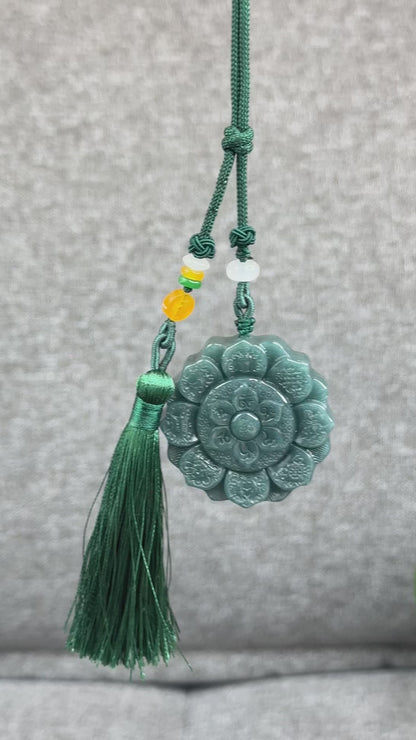 Natural Water Green Type A Jadeite Jade Lotus Eight Treasures Pendant