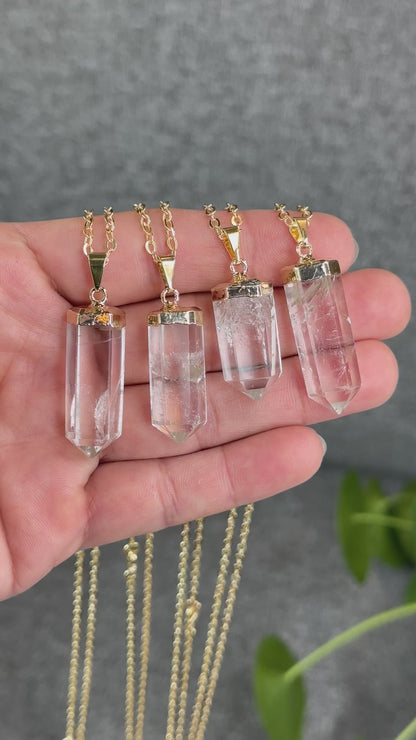 Natural Clear Quartz Double Terminated Necklace with Chain Gold Plated