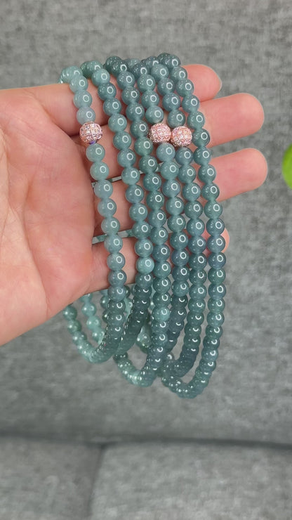 Natural Translucent Light Water Green Jadeite Jade Triple Wrap Bracelet/Necklace Size 6.8 mm