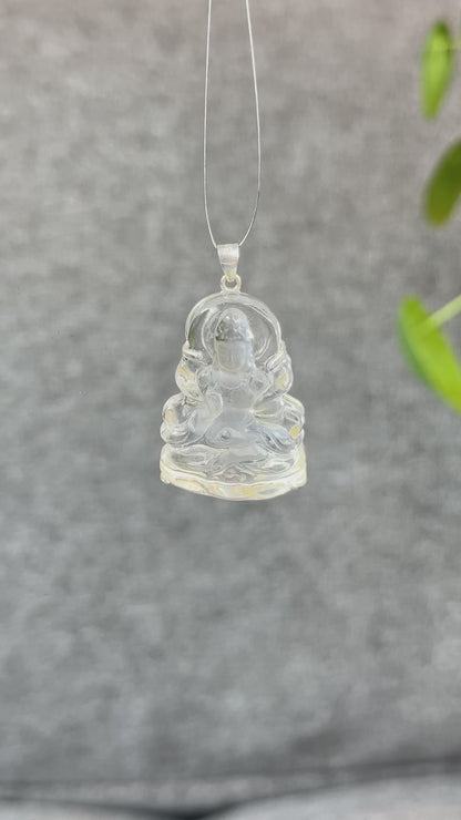 Natural Clear Quartz Quan Yin Buddha Pendant with Paw Hook 925 Silver