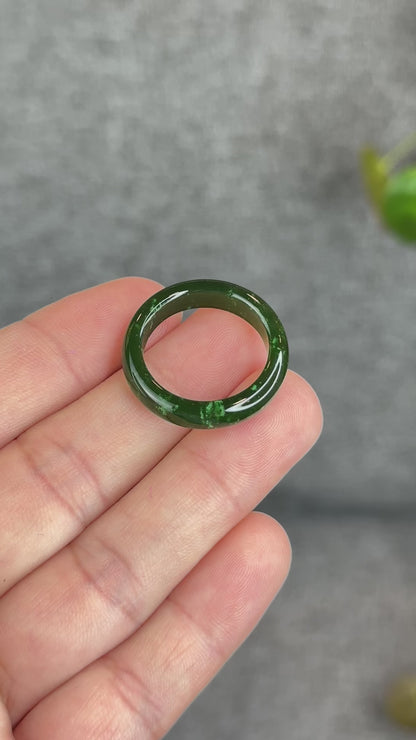 Natural Floating Flower Nephrite Jade VIP Ring Leaf Style Size 2.0