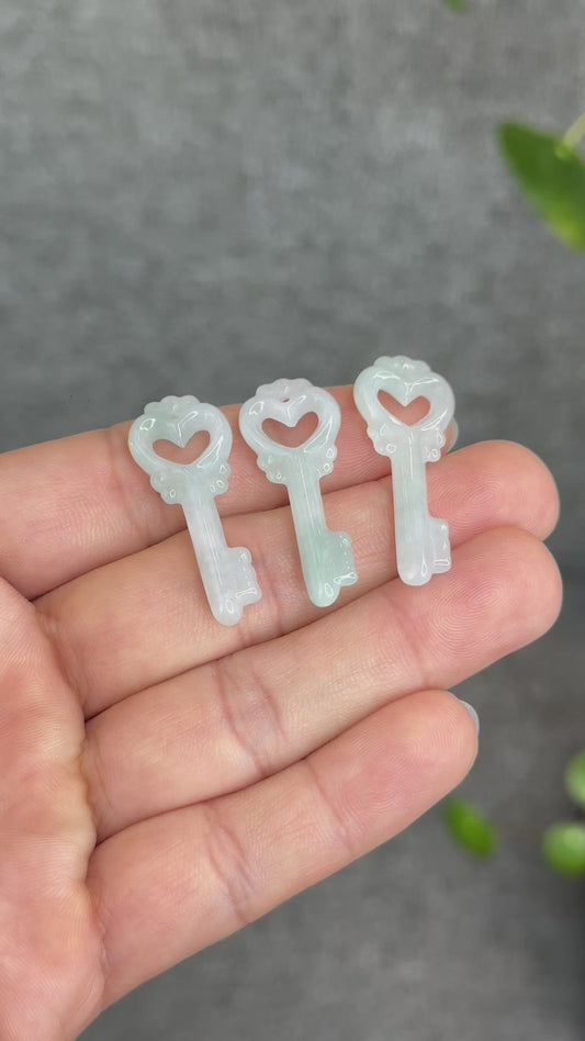 Natural Ivory Light Green Semi-Translucent Jadeite Jade Key Charm