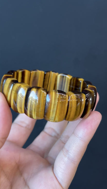 Natural Tiger Eye Flat Style Soft Bangle Bracelet Vertical