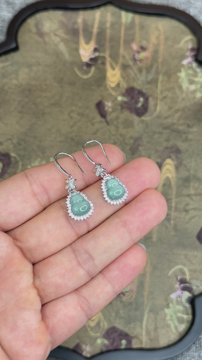 Natural Water Green Jadeite Jade Ho Lo Earrings with S925 Silver Setting