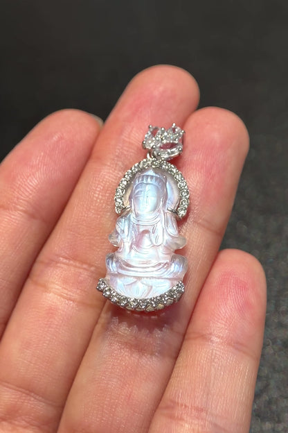 Natural Moonstone Quan The Am - Quan Yin Buddha Pendant in Silver White Gold Plated Setting