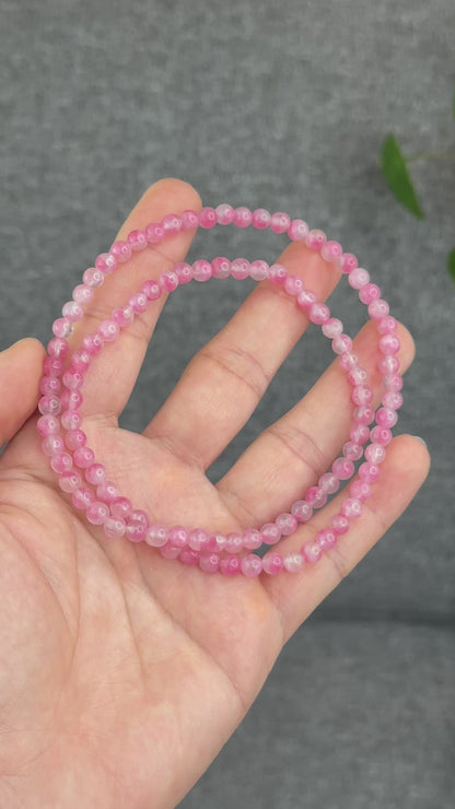 Natural Sakura Rhodonite Matte Finish Translucent Triple Wrap Bracelet Size 5.5 mm