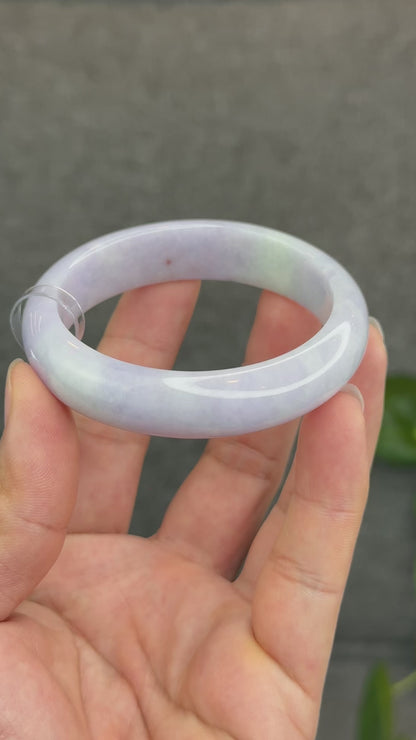 Natural Semi-Translucent Taro Purple with Light Green Type A Jadeite Jade Bangle Leaf Style Size 55 mm