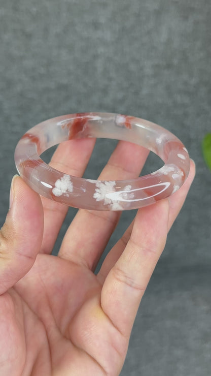 Natural Floral Agate Bangle Size 57 with Matching Red-Pink-Green Tassel