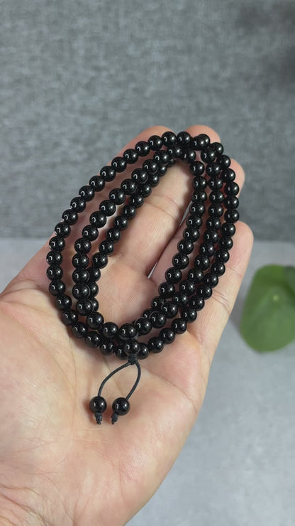Natural Black Agate Triple Wrap (108 Bead) Bracelet Size 6 mm