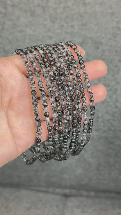 Natural Black Rutilated Quartz Triple Wrap Bracelet Size 4.6 mm