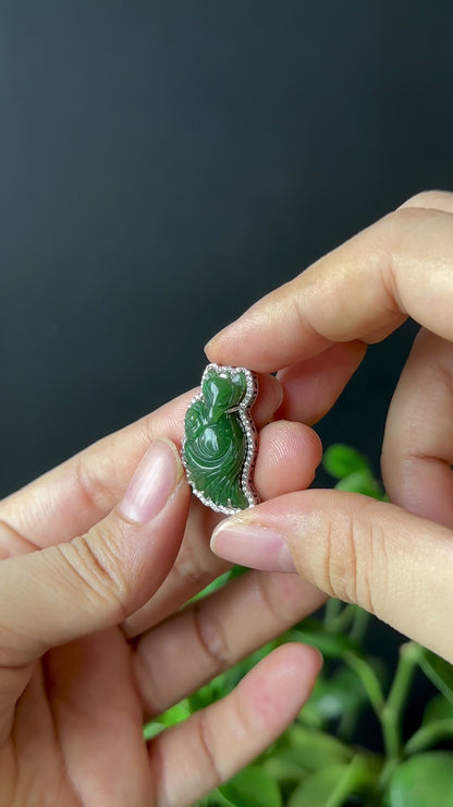 Long Ho Ly Nephrite Jade Pendant In Silver with White Stone Setting