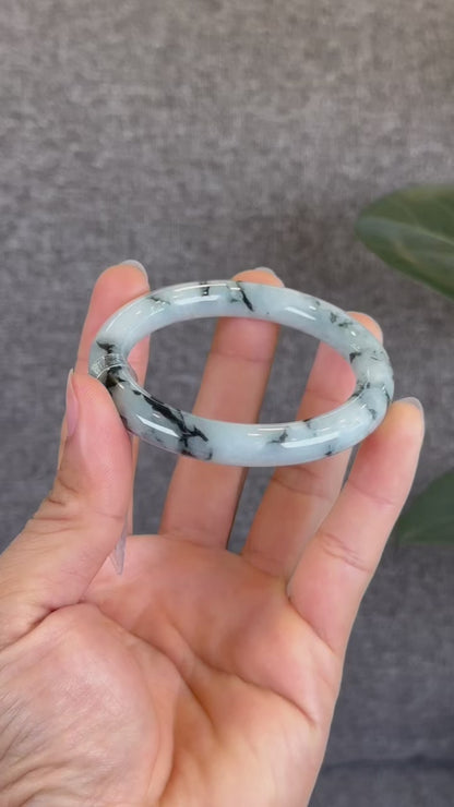 Water Green Floral Pattern Jadeite Jade Bangle Chopstick Sytle Size 53.4 mm