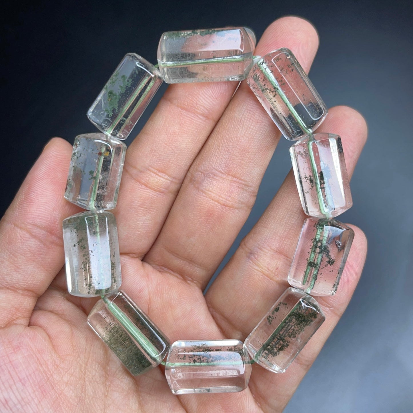 Bracelet Style Bambou Vert Fumé Phantom Quartz Taille 12 mm