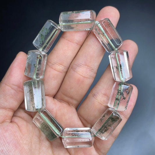 Natural Phantom Quartz Smoky Green Bamboo Style Bracelet Size 12 mm