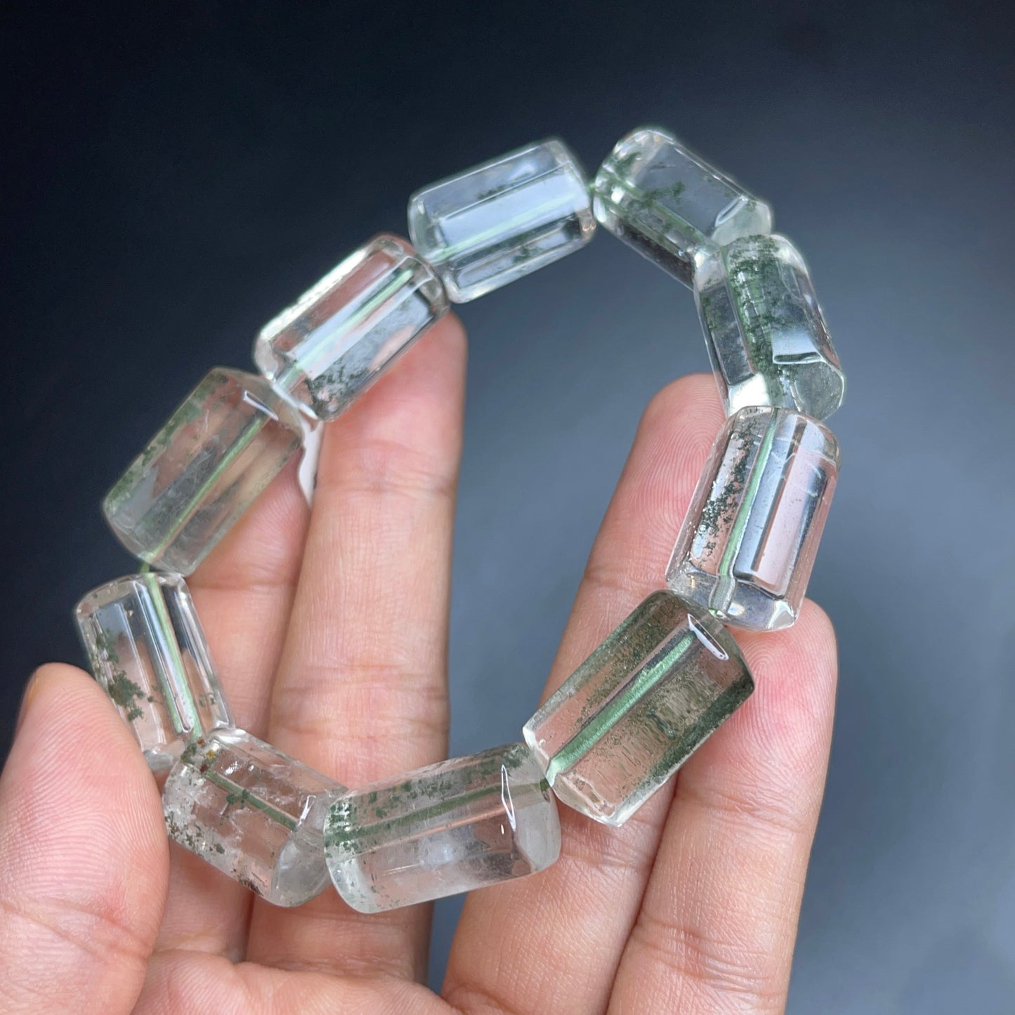Bracelet Style Bambou Vert Fumé Phantom Quartz Taille 12 mm